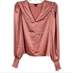 Express V-Neck Long Puff Sleeve Smocked Cuff Coral Blouse Satin Pullover Top XS